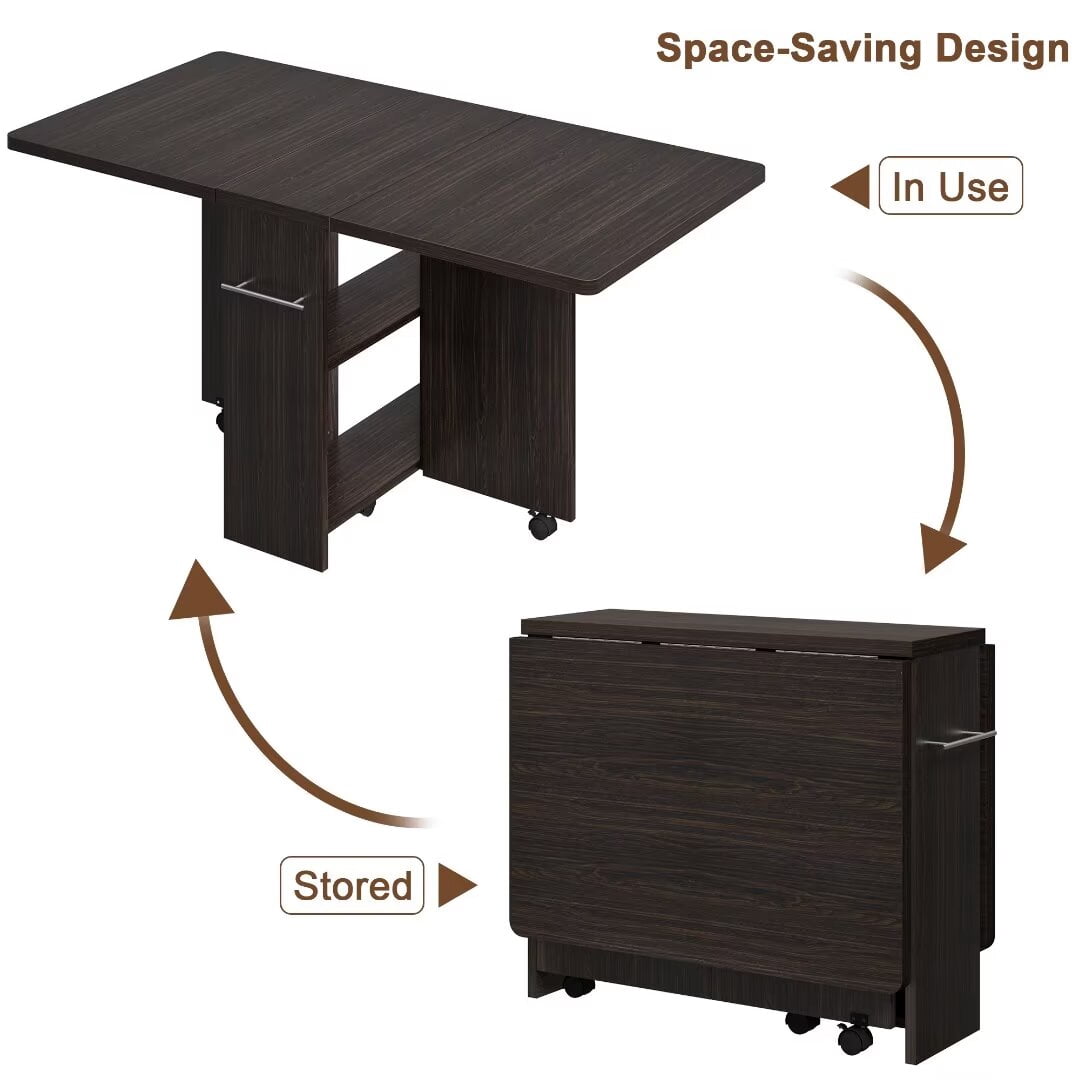 Folding Dining Table with Wheels and 2 Storage Racks, Space Saving Kitchen, Dining Room Table, 23.6"D x 47.2"W x 29.5"H