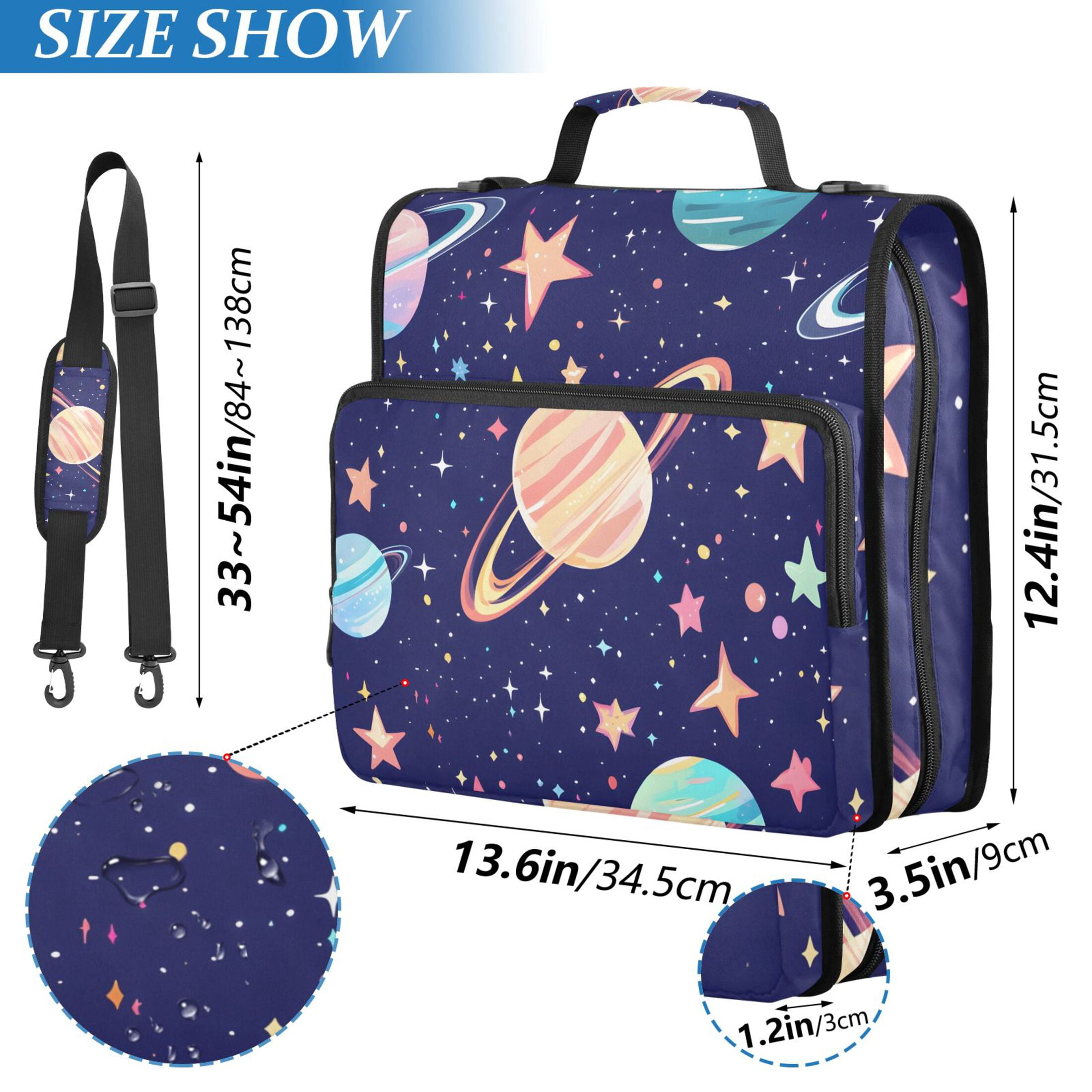 3 Ring Zipper Binder with Shoulder Strap Waterproof Trapper Keeper 2 Inch D-Ring 500 Sheets Capacity Cartoon Planet and Star