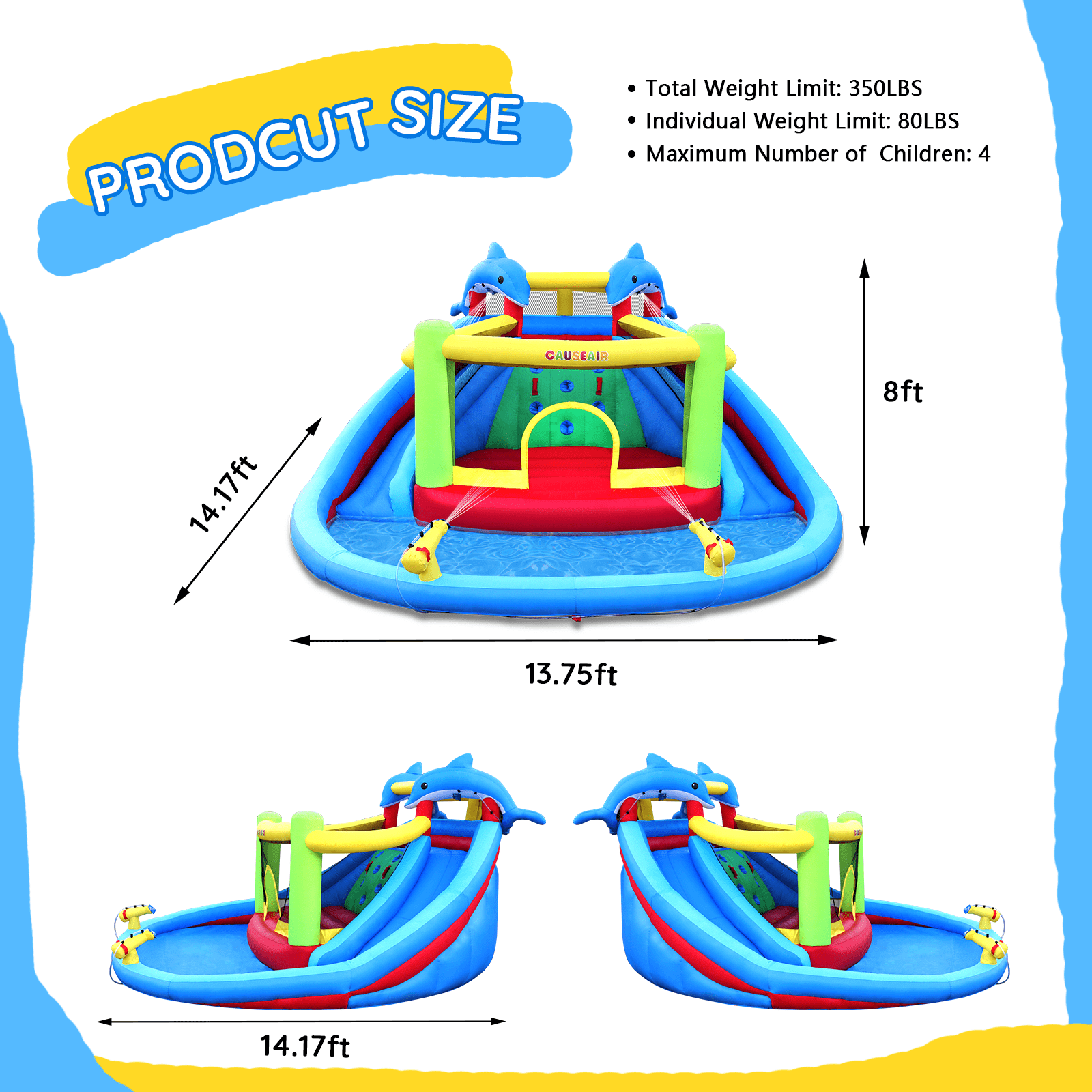 Causeair Inflatable Bounce House with Slide, Splash Pool, Double Cannon, Heavy-Duty Blower, Water Park for Kids