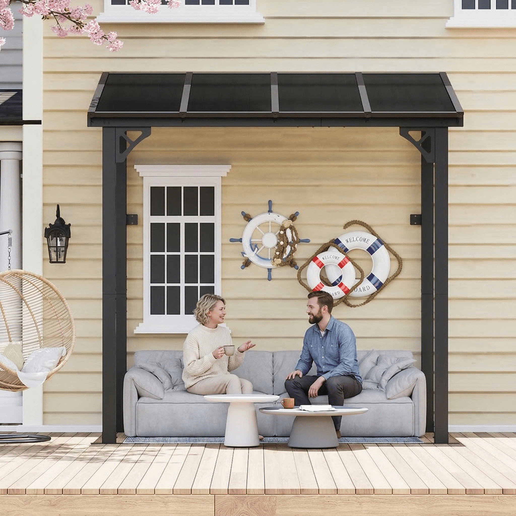 BREEZESTIVAL 8x5 Hard Top Gazebo Pergola- Wall Mounted Lean-to Aluminum Alloy Awning with Canopy Roof, All-Weather Outdoor Cover for Patio, Backyard, Deck