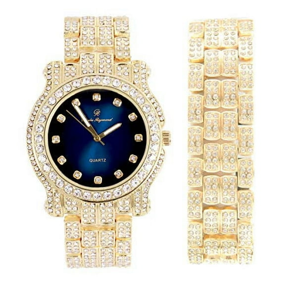 Charles Raymond Blinged Out Round Luxury Mens Hip Hop Wristwatch with Color Dial and Diamond Time Indicators w/Iced Out Matching Bracelet - L0504DXB (Midnight Blue Gold)
