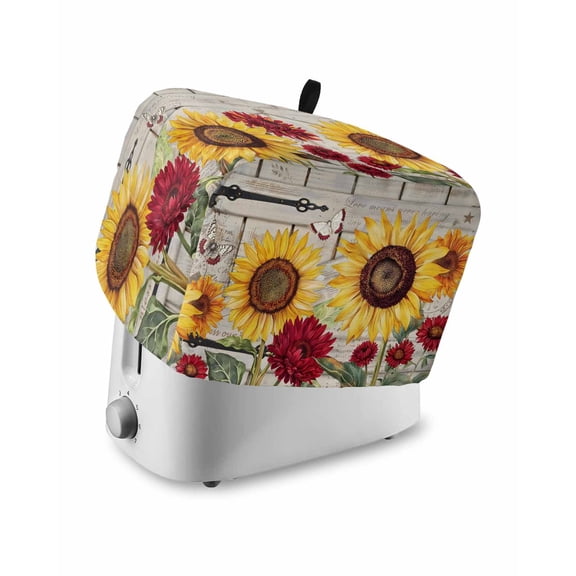 Red Yellow Sunflowers Small Toaster Cover 2 Slice, Kitchen Appliance Covers, Retro Rustic Barn Doors Butterfly Brown Toaster Oven Cover with Loop, Bread Machine Cover Polyester Dust Cover Protection
