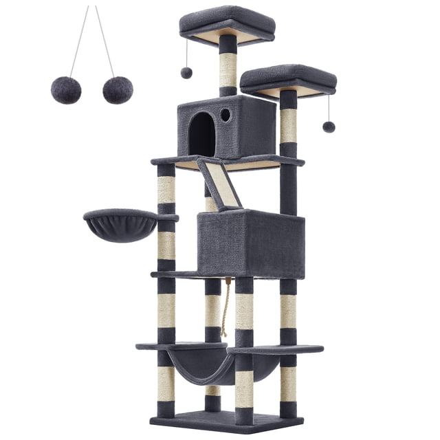 Feandrea Árbol para Gatos de 206 cm de Altura, Torre de Gatos con 13 Poste, 2 Cuevas, 2 Plataformas, Cesta, Pompón, Hamaca, Gris Ahumado