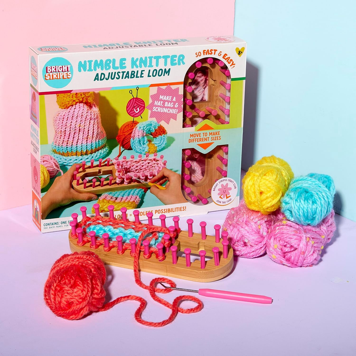 Bright Stripes - Nimble Knitter Adjustable Loom: Make a Hat, Bag & Scrunchie!