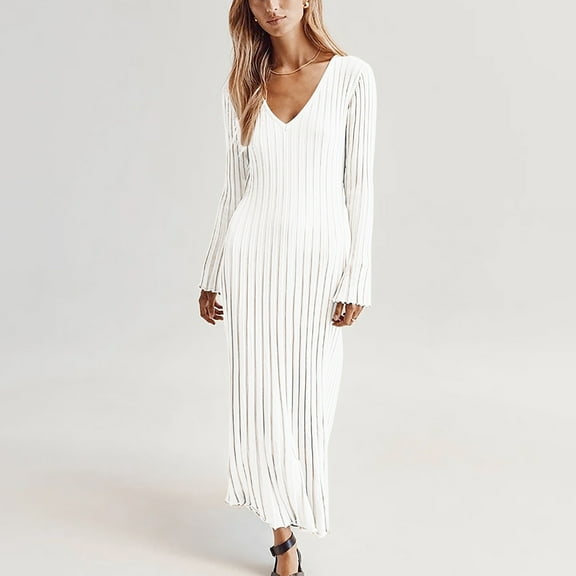 up to 60% off Gifts Usmixi Formal Dresses for Women Knitted Ribbed Party Prom Slim Wrap Formal Dress V-Neck Long Sleeve Solid Summer Maxi Dresses White XL