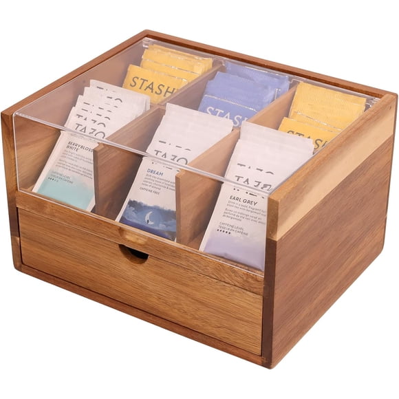 Large Tea Organizer 2 Tier with Drawer by , Tea Bag Organizer with Acrylic Transparent Hinged Lid, 9 Compartments Wooden Tea Bag Holder for Home, Office, Tea Parties