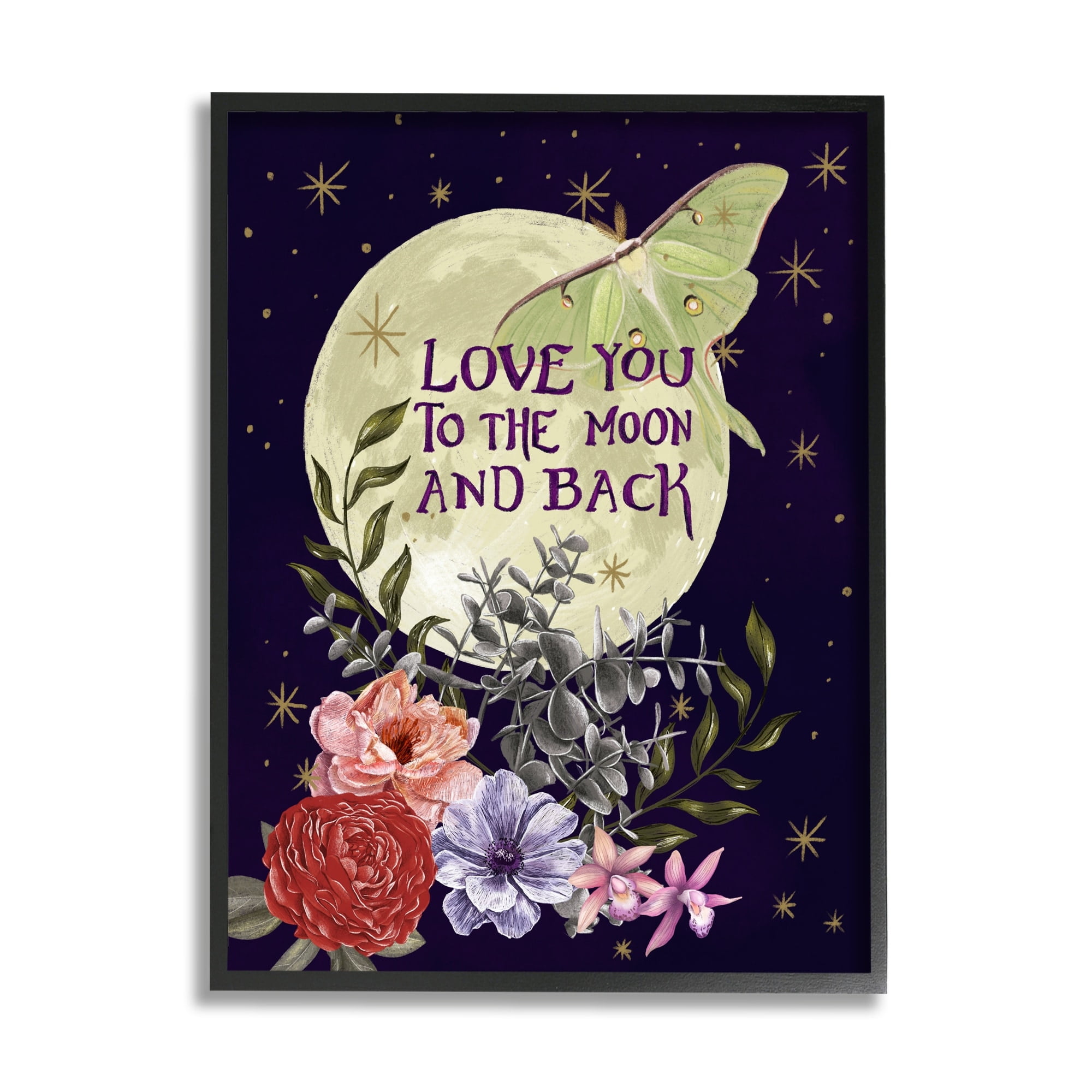 Stupell Industries Love You Moonlit Night Sky Luna Moth Flowers Graphic Art White Framed Art Print Wall Art, Design by Raquel Maciel