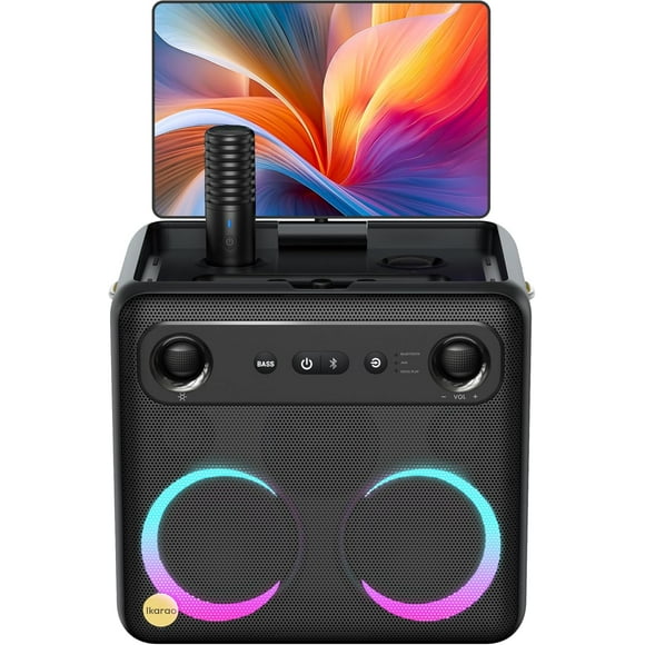 Ikarao Break X2 Karaoke Machine for Adults with Lyrics Display & 64GB Tablet, 2 Wireless Microphones, 300W Peak PA System & Bluetooth Speaker, 4 DJ Lights, Portable Karaoke Speaker with Mic