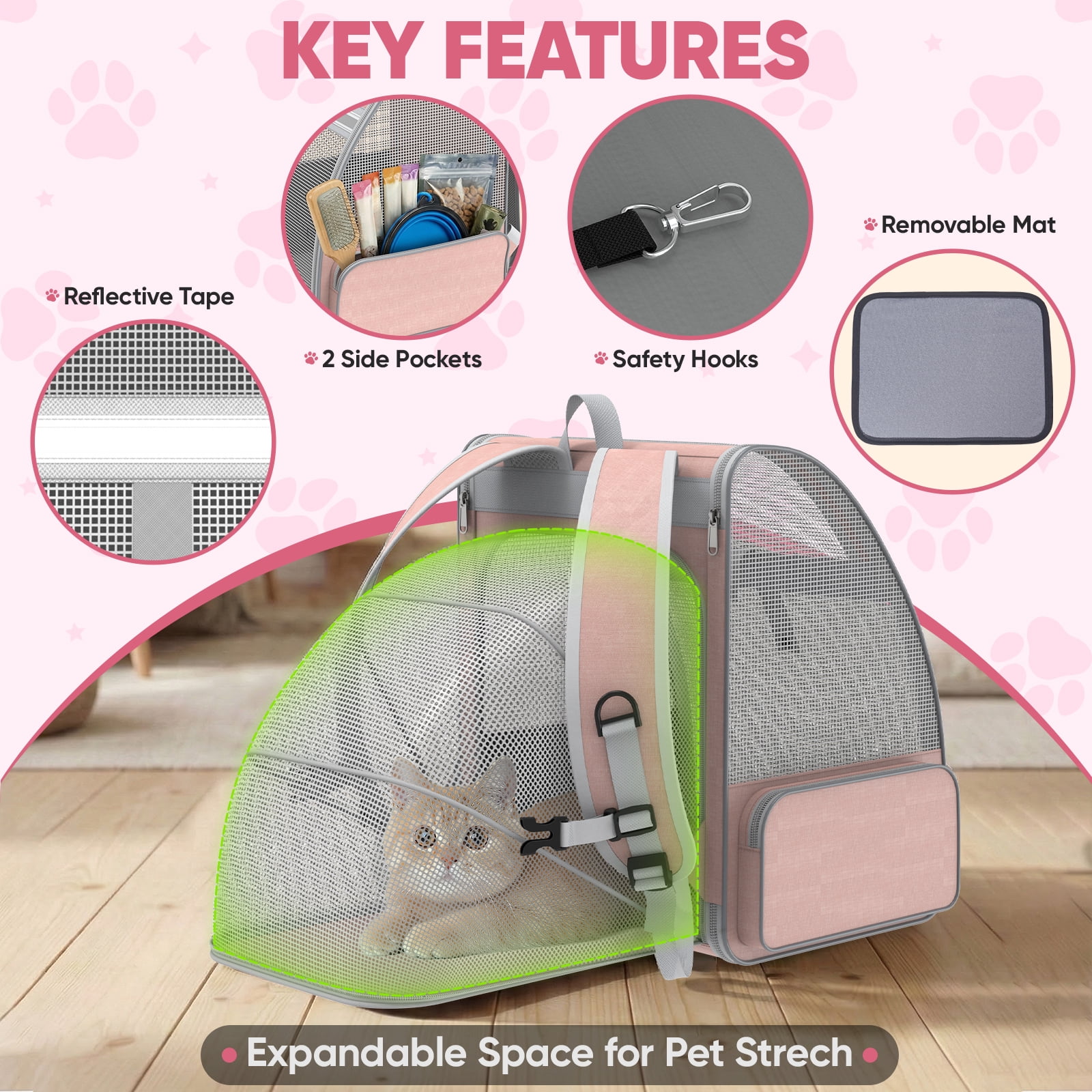 Cat Carrier Backpack Expandable Cool-Ventilated Pet Carrier Backpack for Cats and Small Dog Puppies Outdoor Travel Bag for Pets, Pink