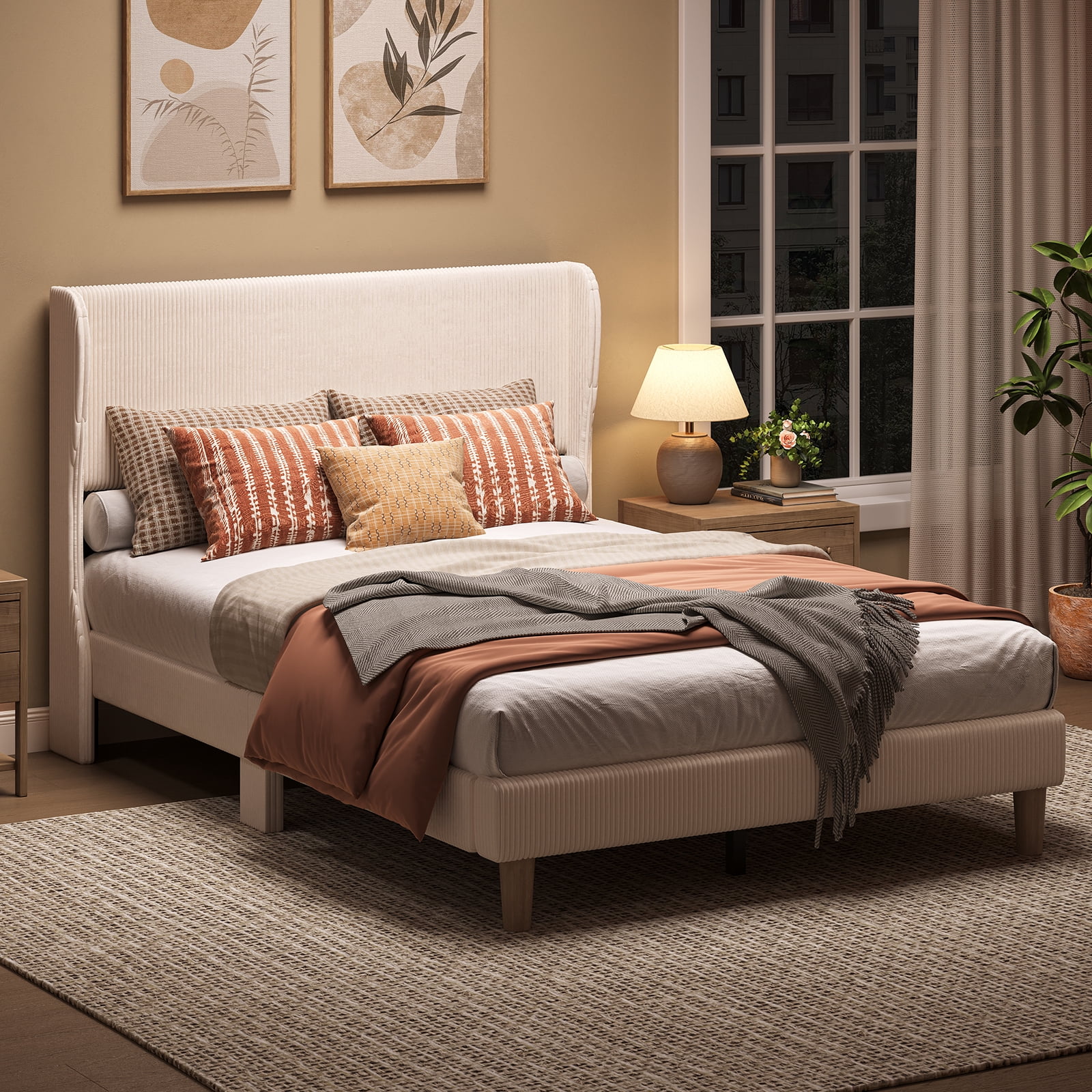 Bestier Full Size Corduroy Bed Frame with Wingback Headboard, Upholstered Platform Bed with Wood Slats, No Box Spring Needed, Beige