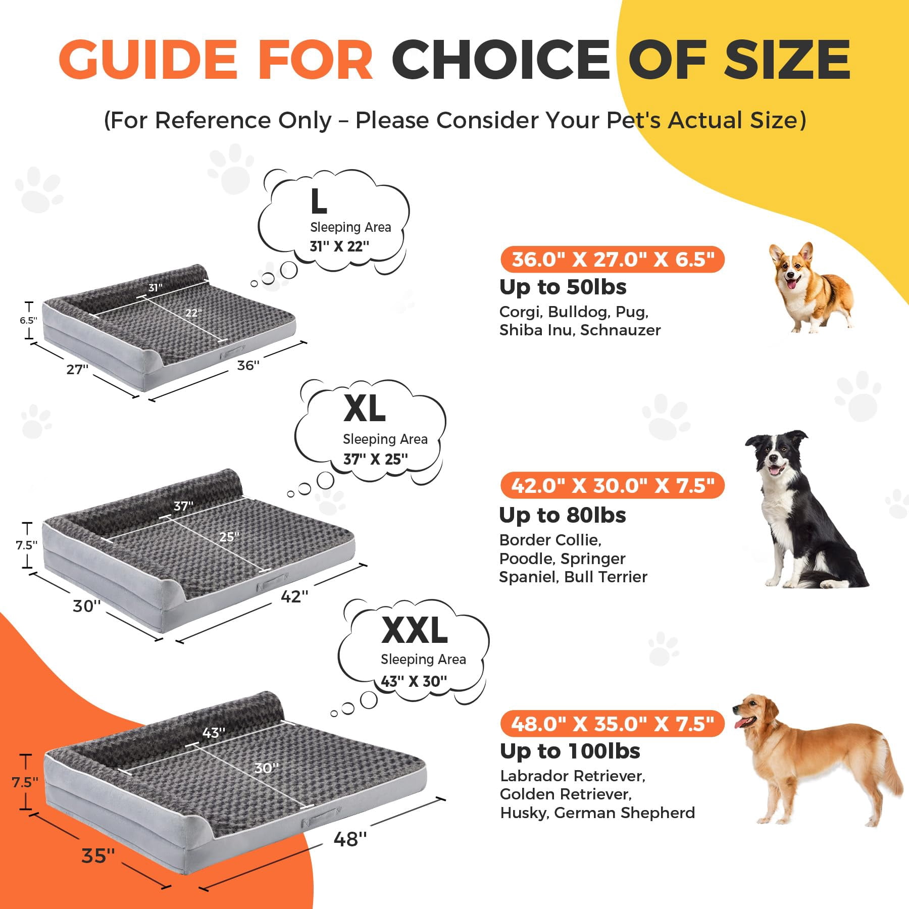 Dog Beds Large Sized Dogs  Xl For 42"x30"x7.5" Waterproof Pet Bed With Washable Cover L-shaped Couch Portable Handle Grey