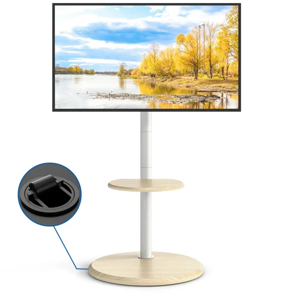 Round Base TV Stand with Hidden Wheels for 32-65 Inch TVs, Height Adjustable TV Cart with Storage Shelf, -2°/ 8° Tilt, VESA 100x100 to 400x400mm, Holds up to 88 lbs,Oak