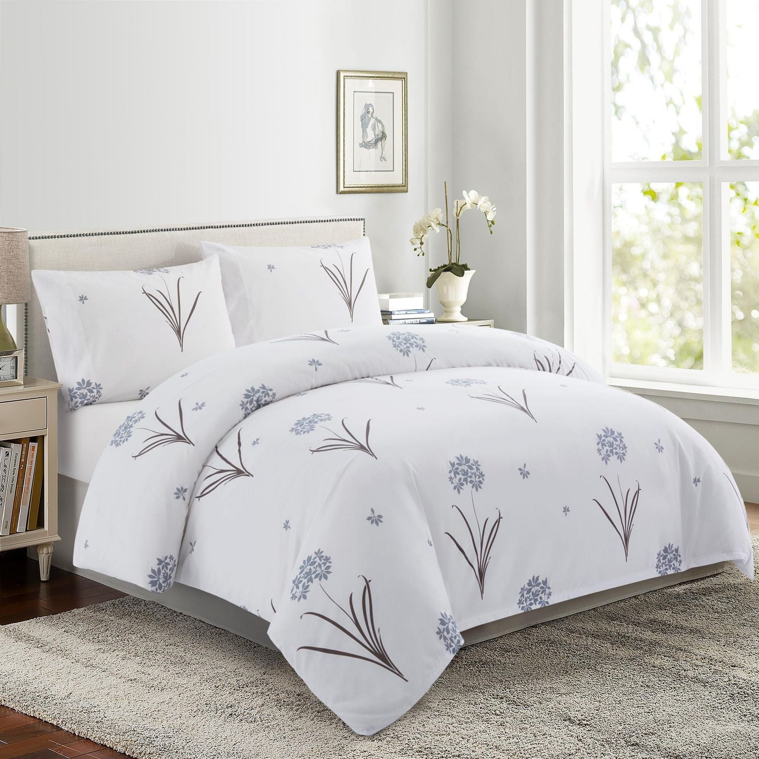Marina Decoration Ultra Soft Silky Zipper Rich Printed Rayon from Bamboo All Season Duvet Cover Set with Pillowcases, Grey Hydrangea Floral Pattern