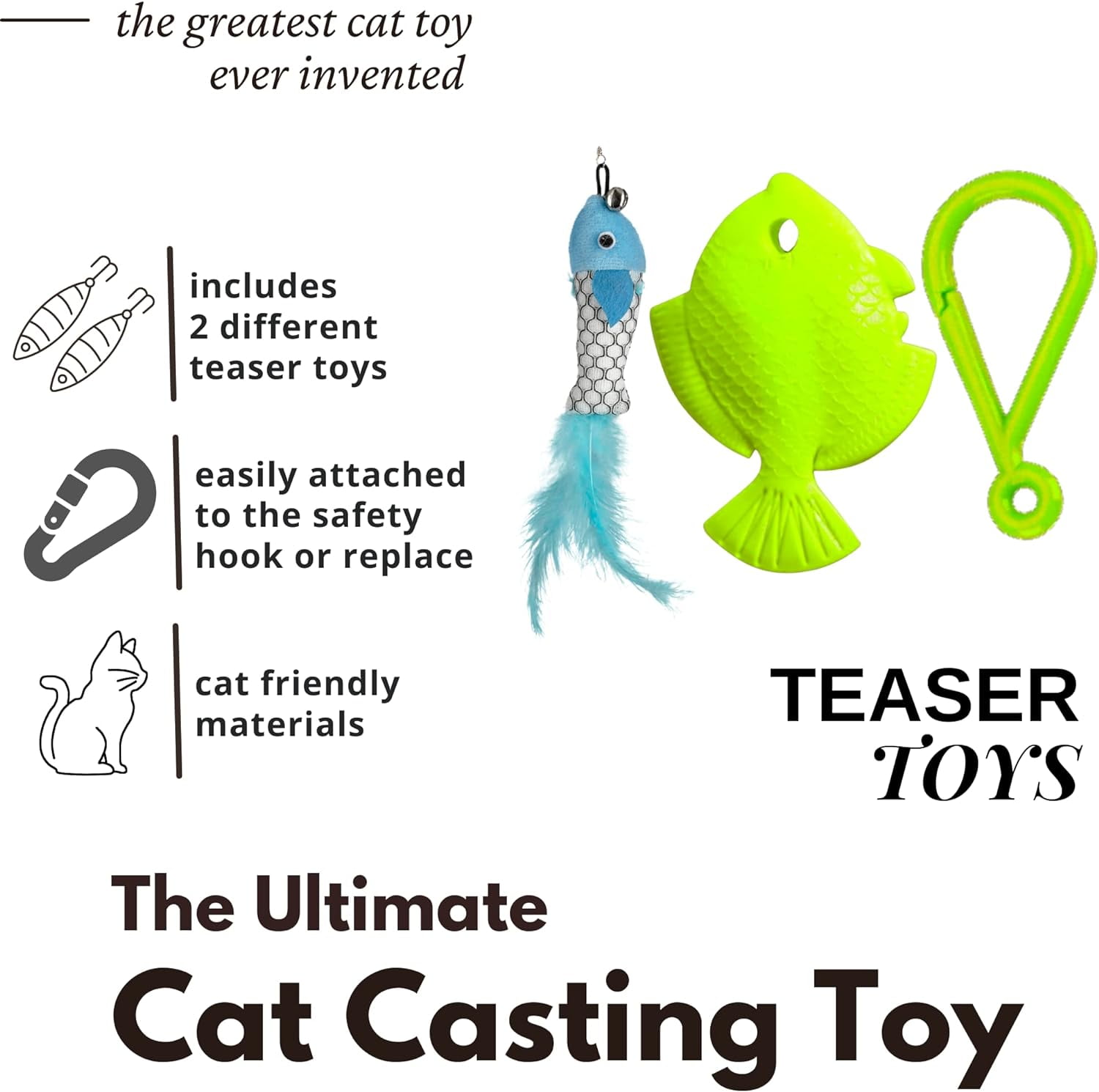 Cat Caster Fishing Pole Toy, Tangle Free, Retractable & Easy to Store.  Includes Two Interchangeable Teaser Toys