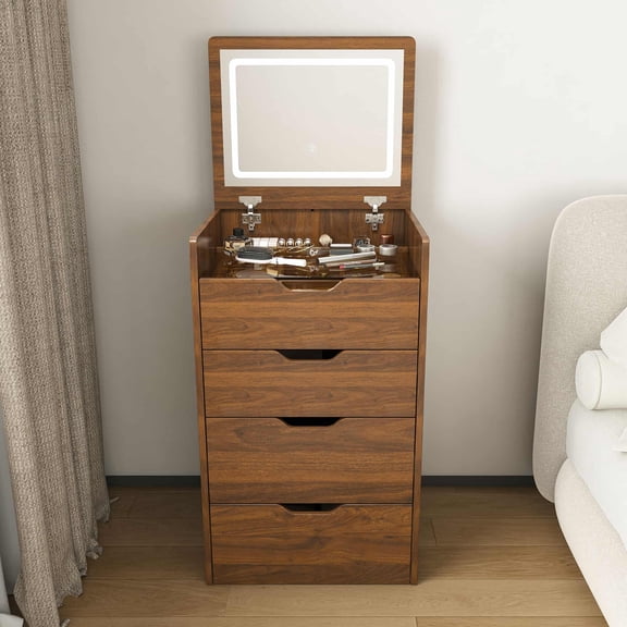 Vanity Desk with Lights, Flip Top Makeup Dressing Table with Stool & Storage, Compact Tri-Function Furniture for Small Space, Bedroom, LED Mirror, Walnut