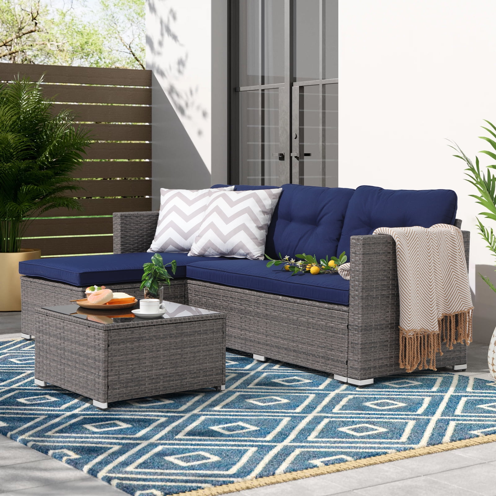 OC Orange-Casual 5-Piece Outdoor Sectional Sofa Set with Glass Coffee Table Grey Rattan & Navy Blue Cushion