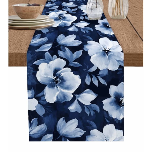 Ldtrchee Navy Blue Spring Floral Table Runner 70 Inches, Summer Botanical Abstract Flowers Bed Runner Dresser Scarves Tabletop for Indoor Outdoor Parties/Ceremony/Banquet, 13" x 70"
