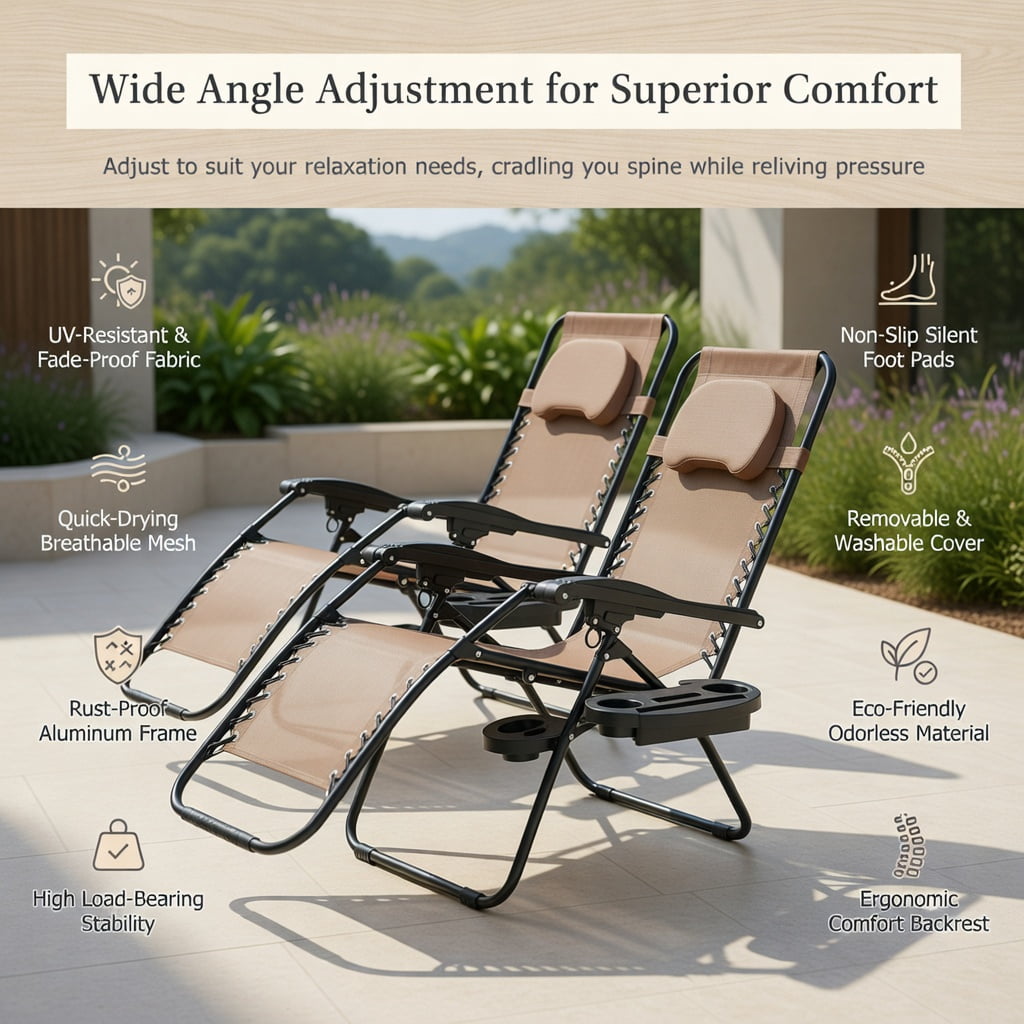 Hommoo Folding Recliner Lounge Chair with Adjustable UV-Protective Shade Canopy, Removable Headrest & Cup Holder, Steel Frame, Brown