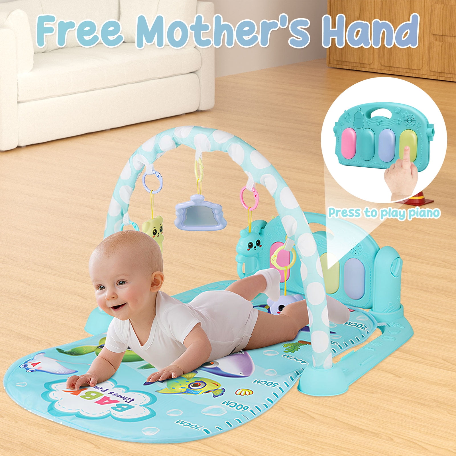 Baby Gym Play Mat 3 in 1 Fitness Music and Lights Fun Piano Activity Mat Infant Newborn Toys(Blue)