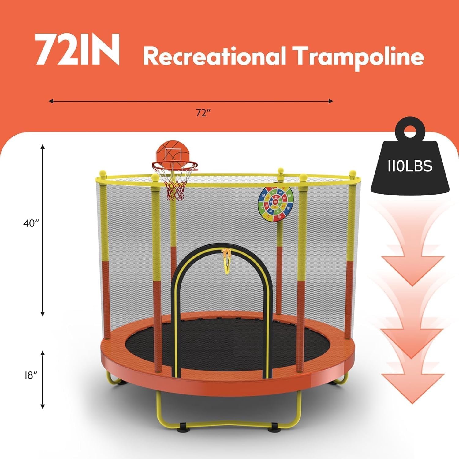 Sedeke 72" Trampoline for Kids with Net,6 FT Indoor & Outdoor Small Toddler Trampoline with Basketball Hoop & Dart Board for Ages 1-8, Gifts for Boys & Girls, Baby Toddler Christmas Toys
