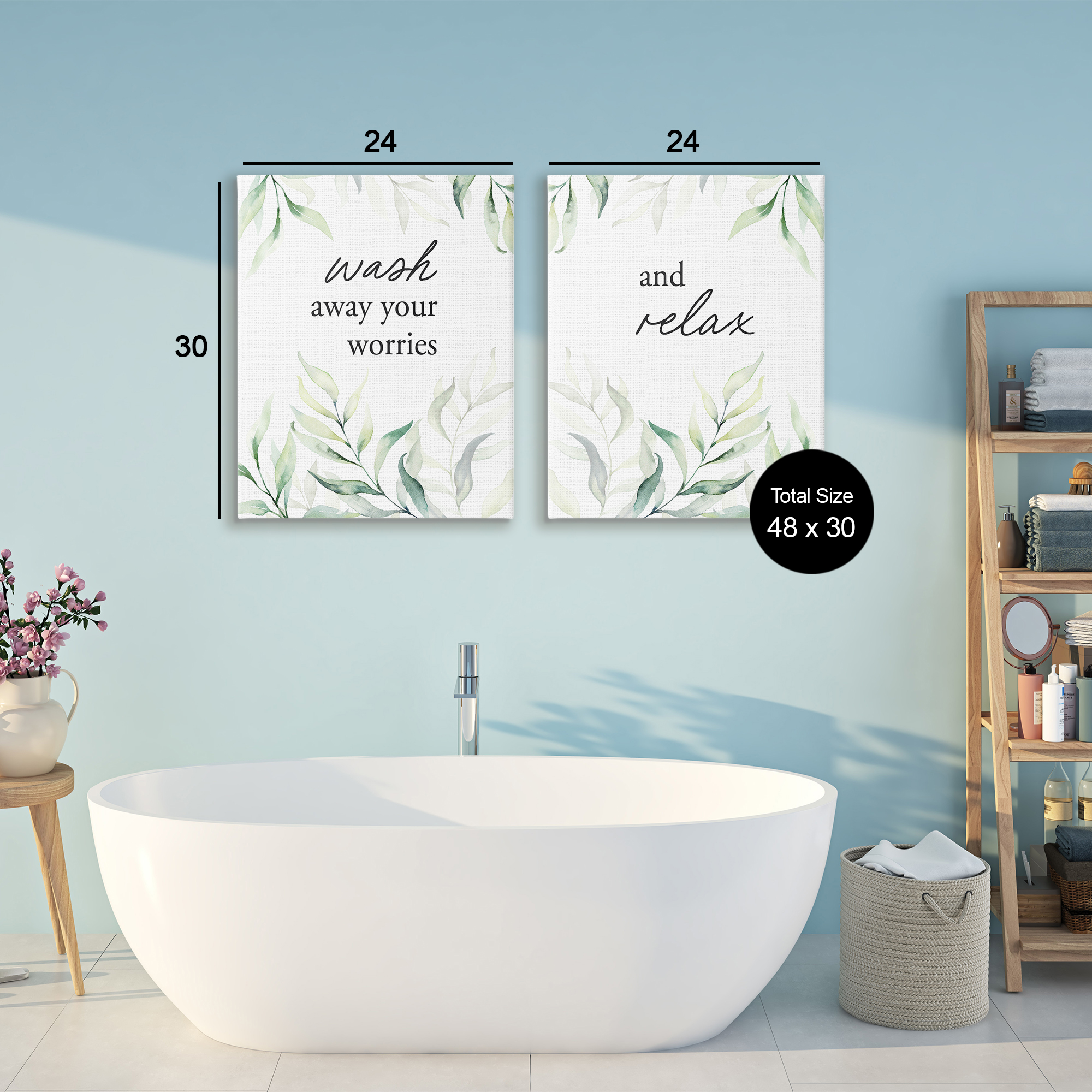 Soothing Bathroom Greenery Words 2 Piece Canvas Wall Art Set, design by Lettered and Lined