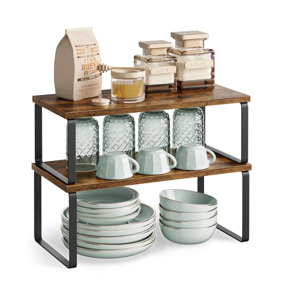 SONGMICS Estante para Especias, Juego de 2, Organizador de Armario, Estante de Almacenamiento de Cocina Extensible, Especiero de Metal y Madera de Ingeniería, Negro Tinta y Marrón Rústico