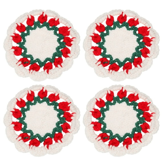Floral Crochet Coasters, Flower Knitted Cup Mats Crochet Plant Pot Coaster for Wedding Birthday Home Decor Red