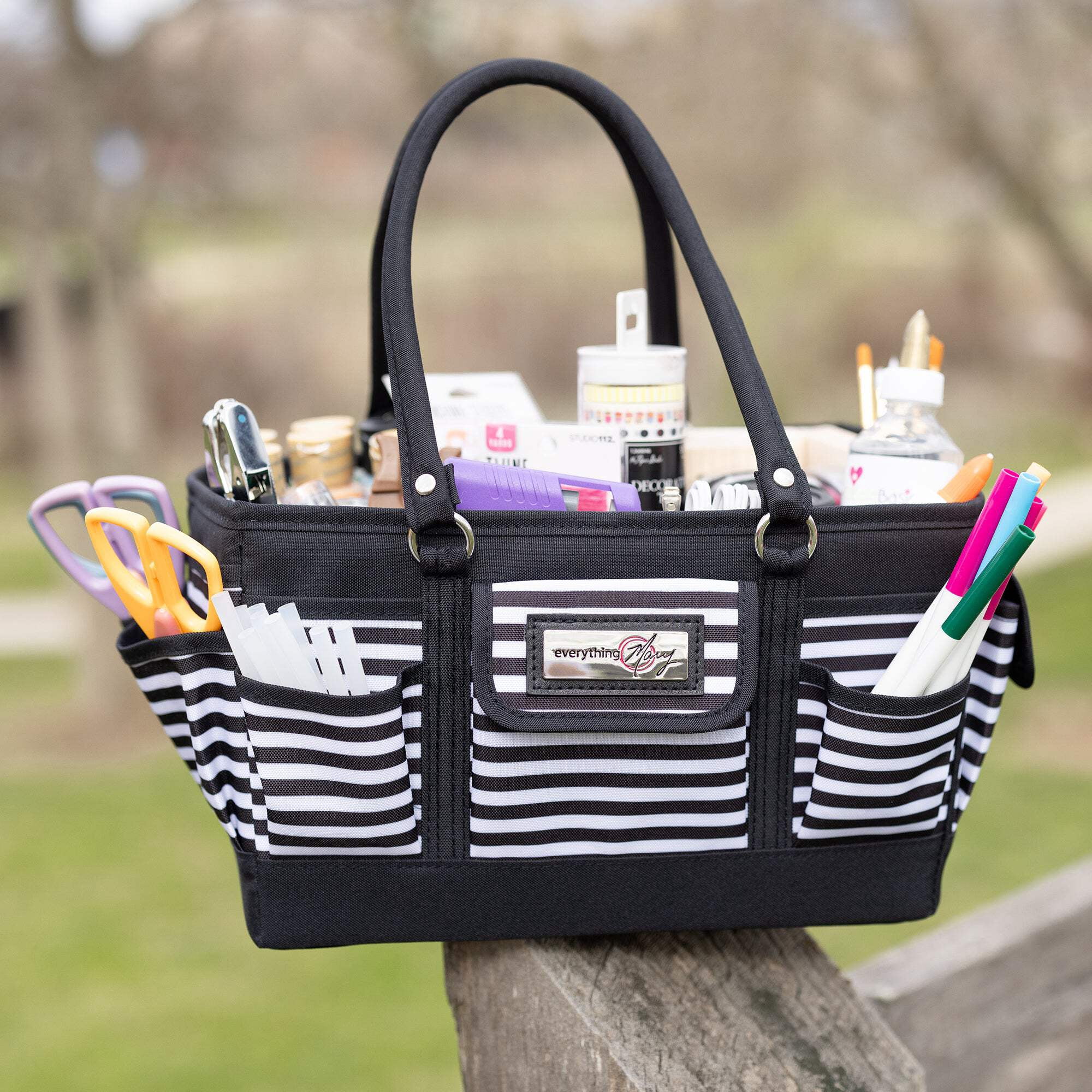 Everything Mary Deluxe Craft Storage Tote Organizer with Multiple Pockets, Black and White Stripe