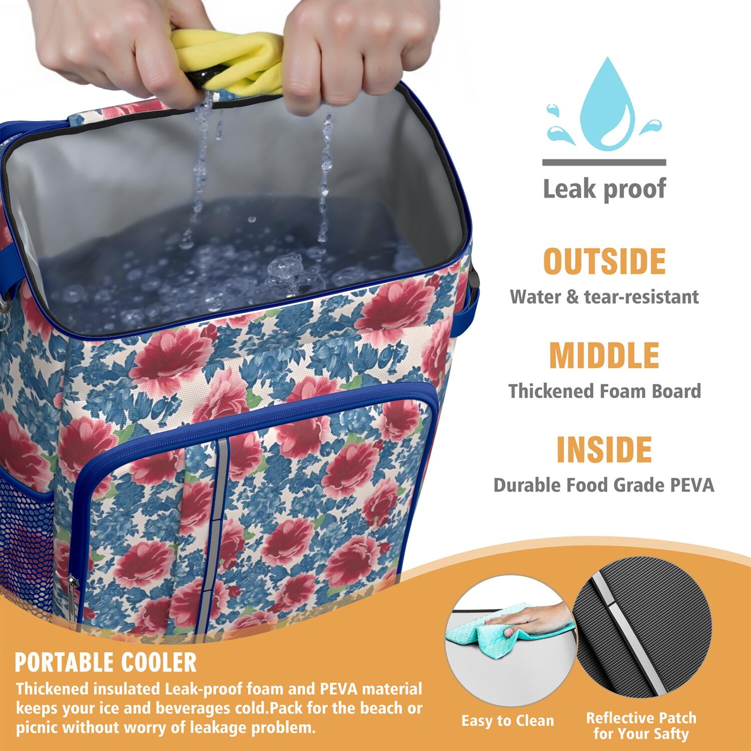 Travel Cooler Bag - Pioneer Flower Floral Print Pattern Camping Beer Cooler Backpack with Bottle Opener- Waterproof Insulated Picnic Backpacks - Cooler Bag for Beach