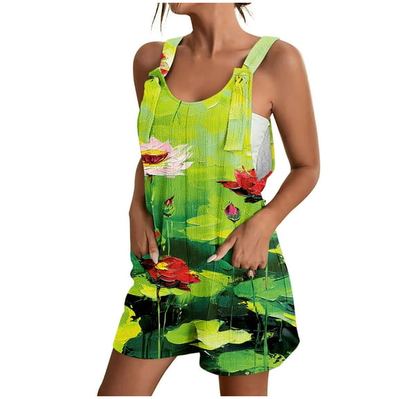 Lovskoo 2024 Women's Summer Casual Sleeveless Floral Printed Rompers Loose Spaghetti Strap Shorts Overalls Jumpsuit with Pockets Multicolor 3XL