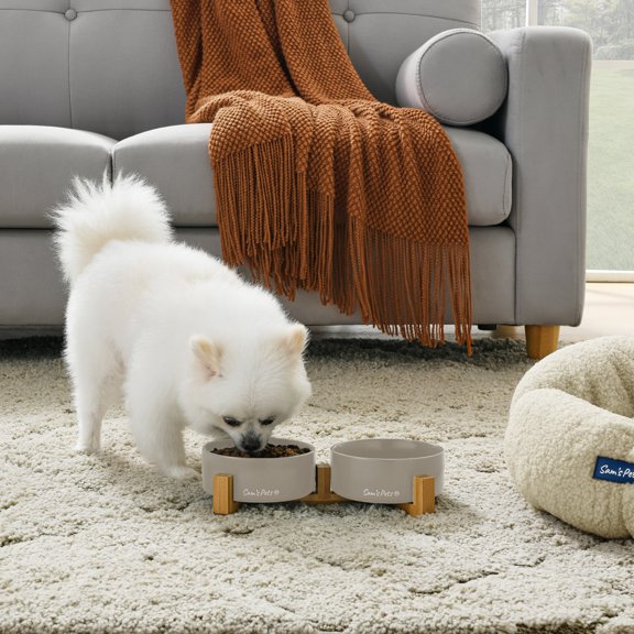 Coco Dual Pet Bowl with Wood Stand 5.11’’ in Gray