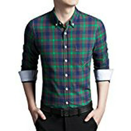 Stripe Non Iron Shirt - Men`s Slim Fit Cotton Non Iron Long Sleeve Button Down Plaid Shirt With Chest Pocket (M( Asian 3XL), Green)
