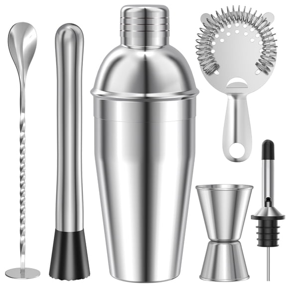 TINANA 6 PCS Cocktail Shaker Set, 25oz Shaker, Strainer, Muddler, Jigger, Mixing Spoon, Pour Spout, Stainless Steel Bartender Kit, Perfect for Home, Bar, or Gift