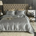 thumbnail image 3 of Move Over Grey Satin Bedding Sets King Silky Duvet Cover Set White Fringe Pattern Satin Microfiber No Filling, 3 of 10