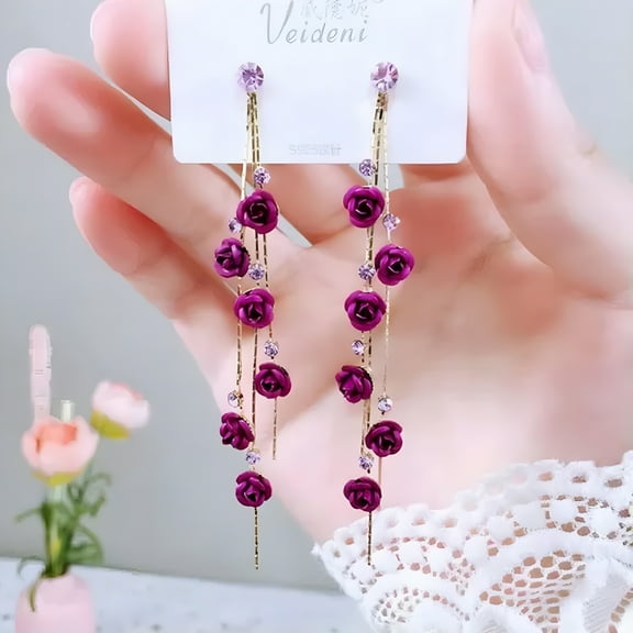 DESIGNICE Fashion Rose Flower Crystal Tassel Earrings Stud Women Drop Dangle Party Jewelry-Purple