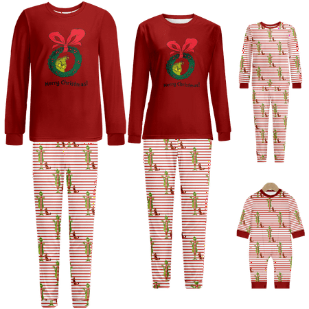 

Matching Family Christmas Pajamas The Grinch Red White Stripe Print Sizes Baby-Kids-Adult-Pet 2-Piece Top and Pants Bodysuits Xmas Pjs Set