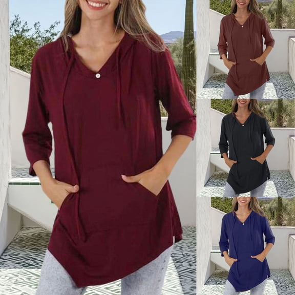 AnuYalue Shirt for Women Casual Lightweight Loose Hooded Shirts Solid Color Drawstring Pullover Tops with Pockets