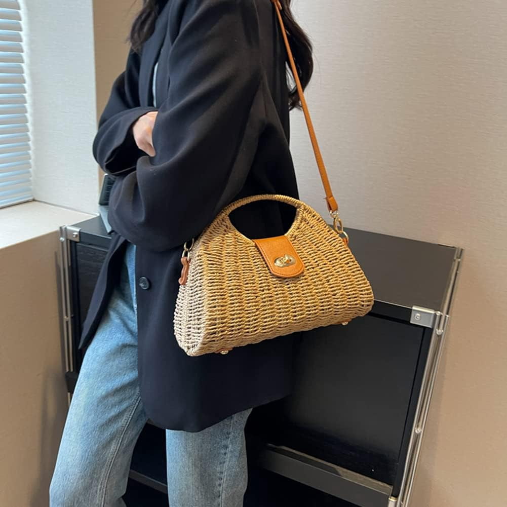 CHUNTIAN Straw Crossbody Bag for Women Woven Beach Tote Purse Mini Straw Shoulder Handbag Rattan Top-Handle Bag for Vacation