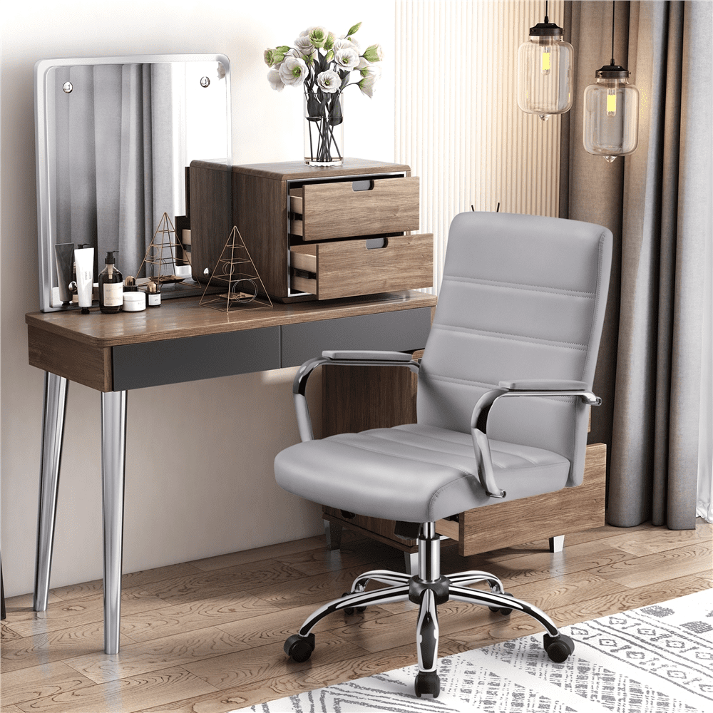 Alden Design Adjustable Mid-Back Faux Leather Swivel Executive Office Chair, Light Gray
