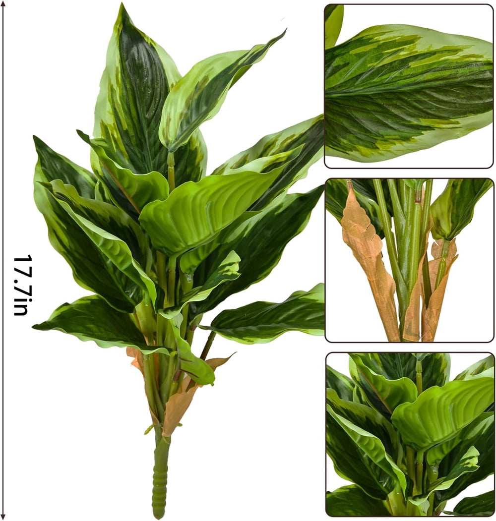 NOGIS 4Pack Variegated Hosta Artificial Plant 17.7" Faux Green Dieffenbachia Plant Greenery Aesthetic House Plants Outdoor Shrubs Indoor Office Yard UV Resistant Planter Filler