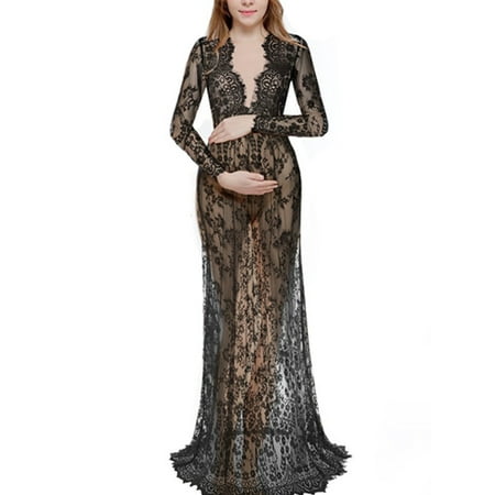 Women Plus Size Lace Sheer Maternity Gown Maxi