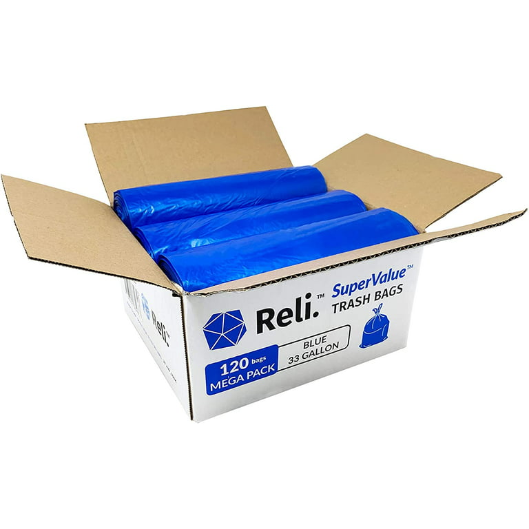 Reli. 33 Gallon Recycling Bags (120 Bags) Blue Recycling Trash Bags 30  Gallon - 33 Gallon Garbage Bags, Trash Bags 30-35 Gal