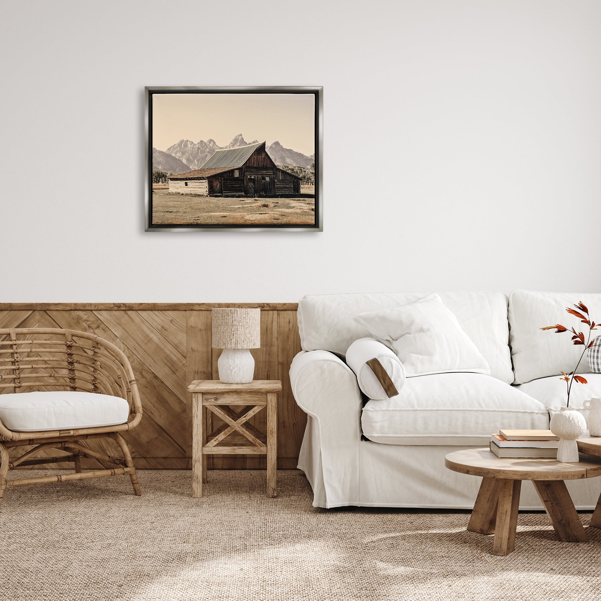 Stupell Rural Cabin Nature Mountain Peaks Landscape Photography Gray Floater Framed Art Print Wall Art