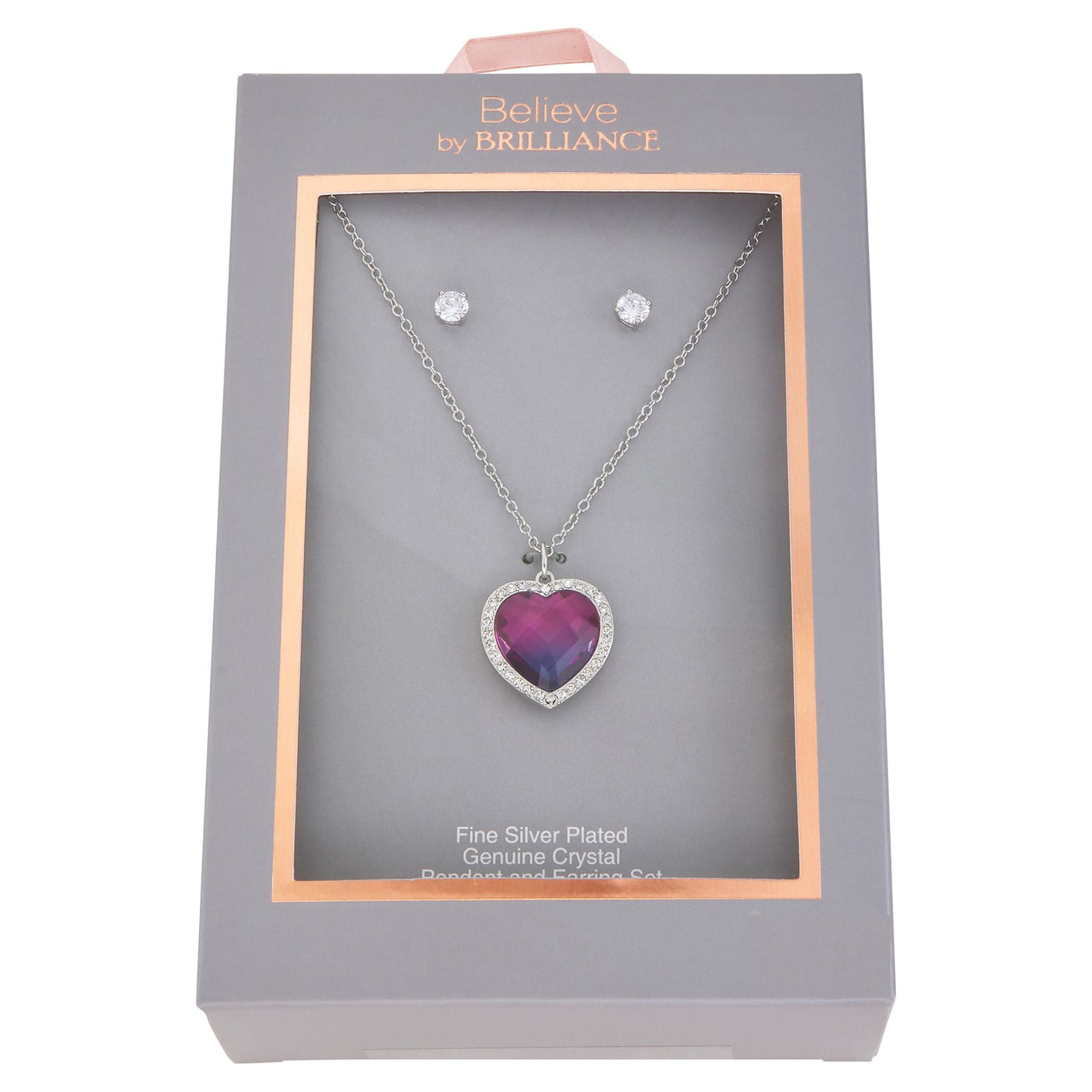 Believe by Brilliance Women's Crystal Heart Set in Fine Silver Plated Brass