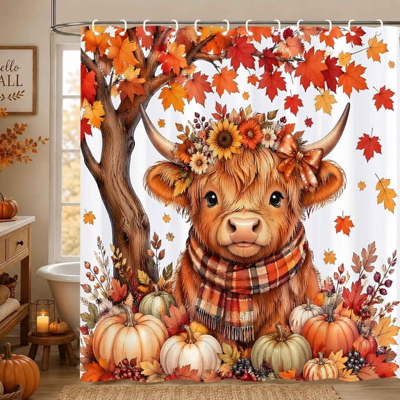 Autumn Highland Cow Shower Curtain with Fall Maple Leaves and Pumpkins Farmhouse Bathroom Decor 71x71 inches