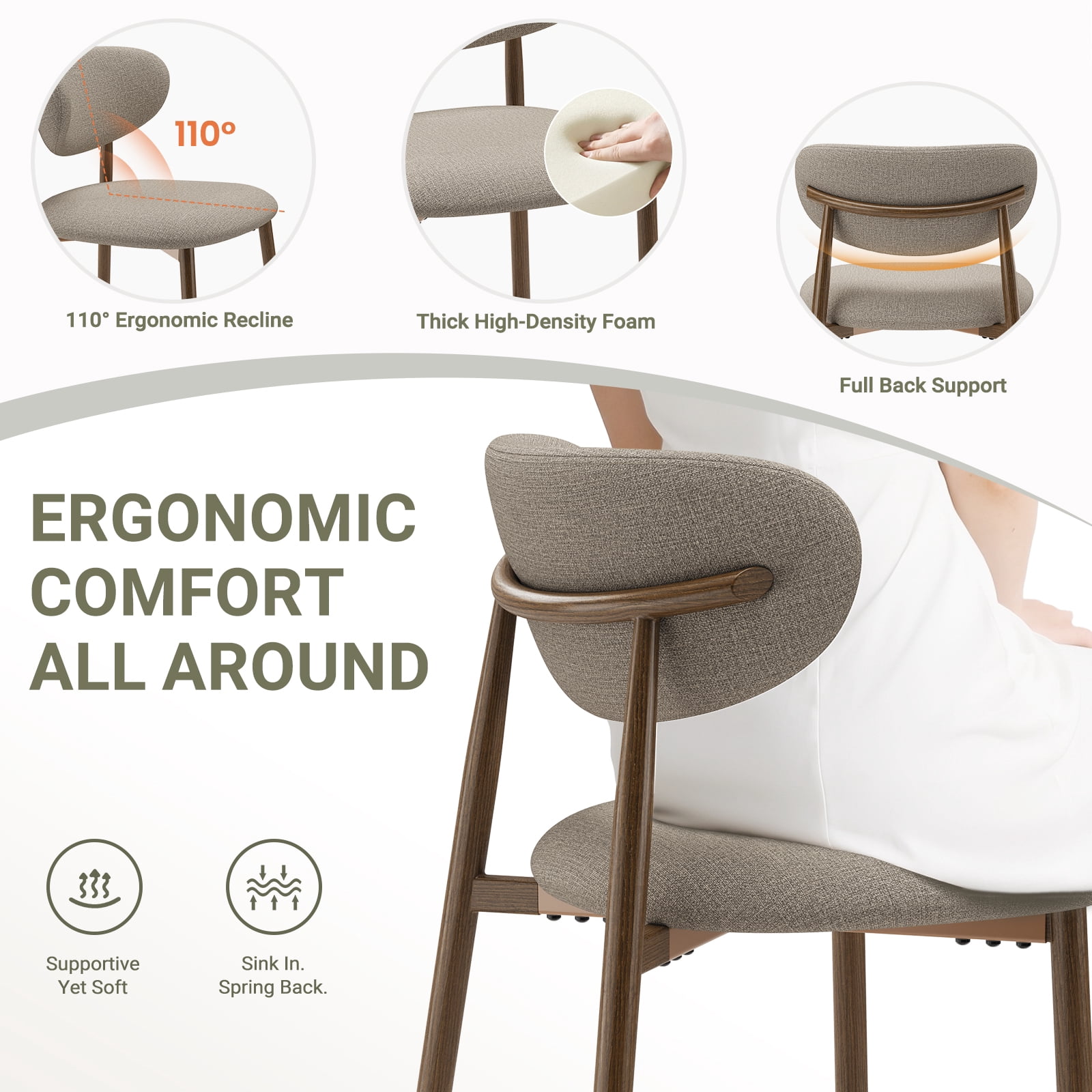 AFO Counter Height Bar Stools Set of 4, Modern Upholstered Kitchen Island Chairs with Back, Wood Grain Metal Legs, Camel