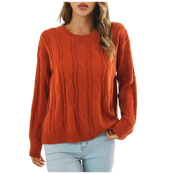 Mrat Round-Neck Sweater Womens Cable Knit Sweaters Ladies‘s Hollowing Solid Color Sweater Round Neck Knitted Casual Fashion Long Sleeve Tops Lightweight Loose Sweater Female