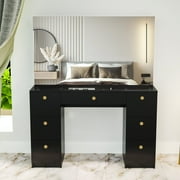 Boahaus Venus Modern Vanity, Wide Mirror, 7 Drawers and Golden Knobs, Black, for Bedroom