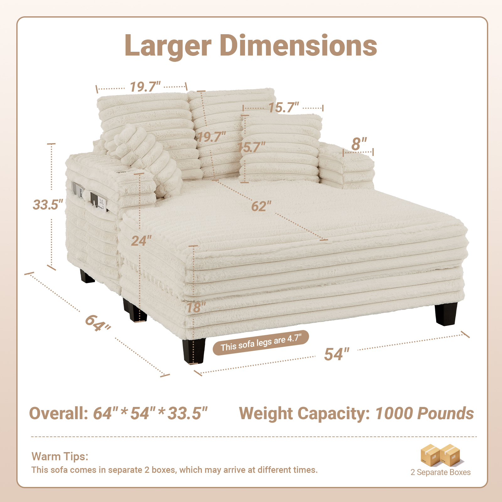 Amsleekey 64" Oversized Chaise Lounge, Beige Corduroy photo 2