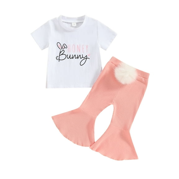 Jxzom Toddler Baby Girl Easter Outfit Short Sleeve Bunny T Shirt Top Flare Pants with Tail 6M 12M 18M 2T 3T 4T Summer Clothes Set